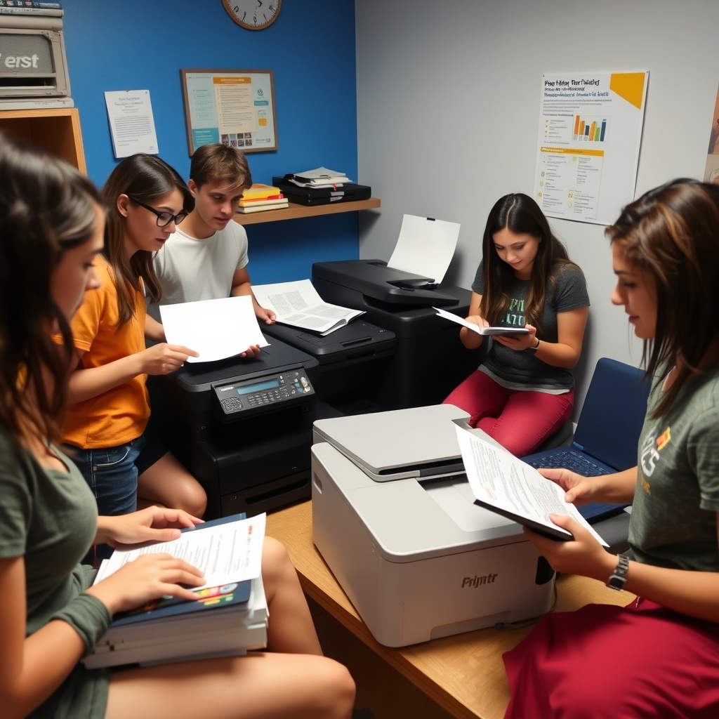 Students using budget-friendly printers in a dorm room.