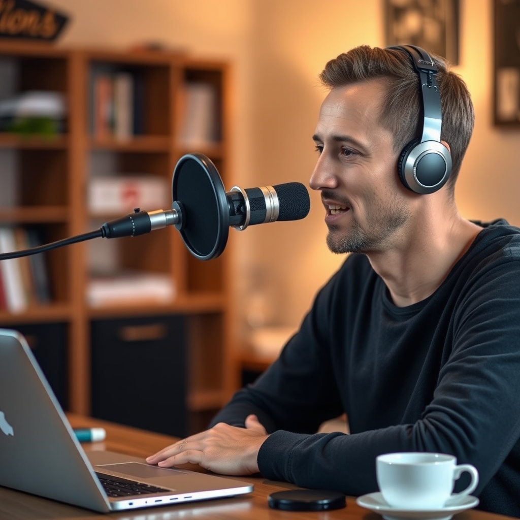 Podcaster speaking into a microphone in a home office setup.