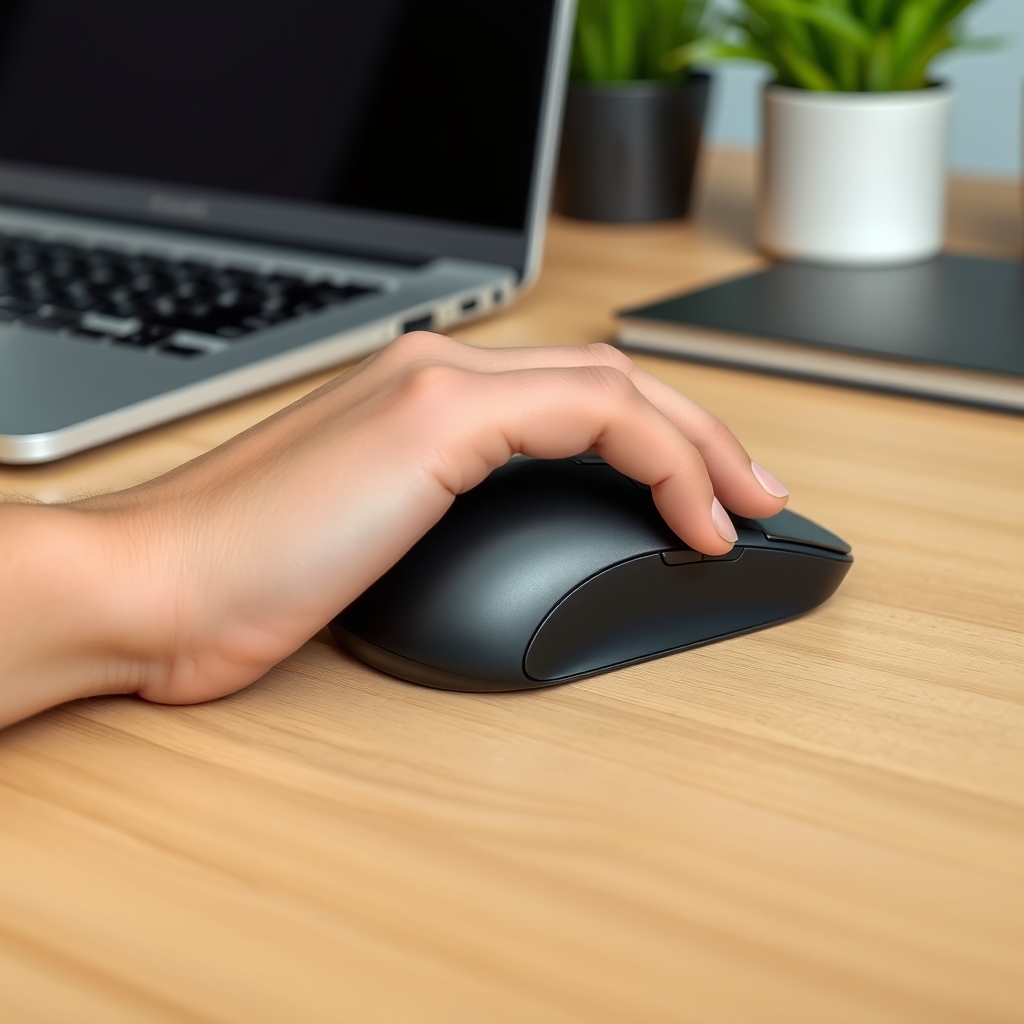 Hand resting on an ergonomic mouse for office comfort