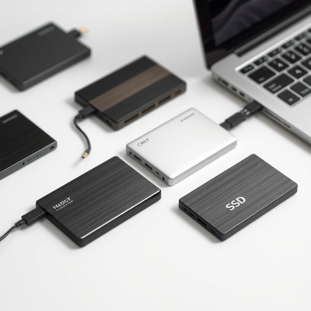 Various portable external SSDs, including Crucial X8, Samsung T7 Shield, SanDisk Extreme, and Kingston XS2000, displayed with a laptop.