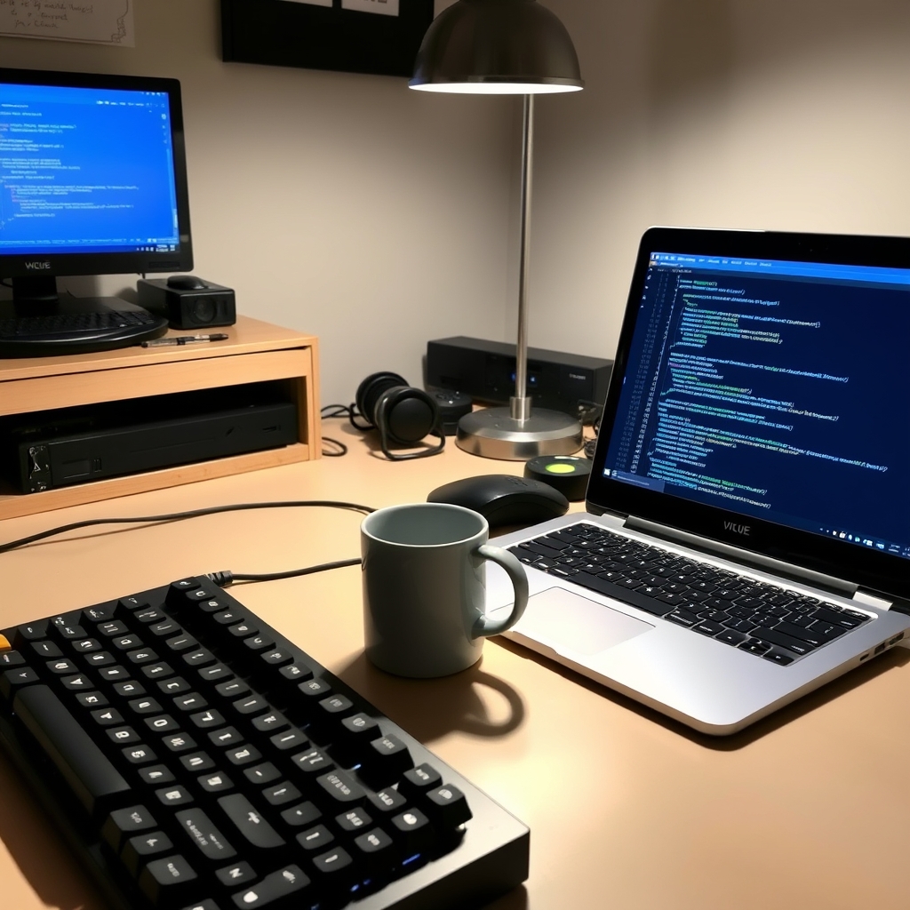 A programmer's desk setup featuring a mechanical keyboard.