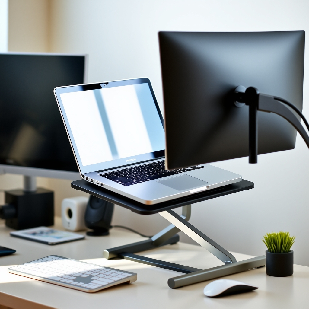 Laptop on a monitor stand riser on a desk