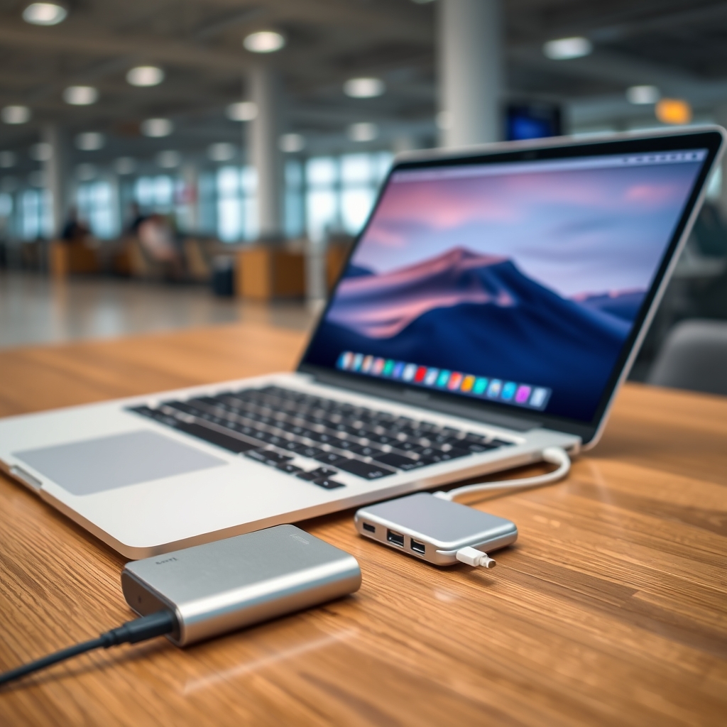 MacBook Air charging from a travel power bank in an airport lounge