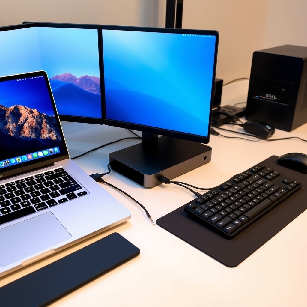 Laptop connected to a docking station with peripherals
