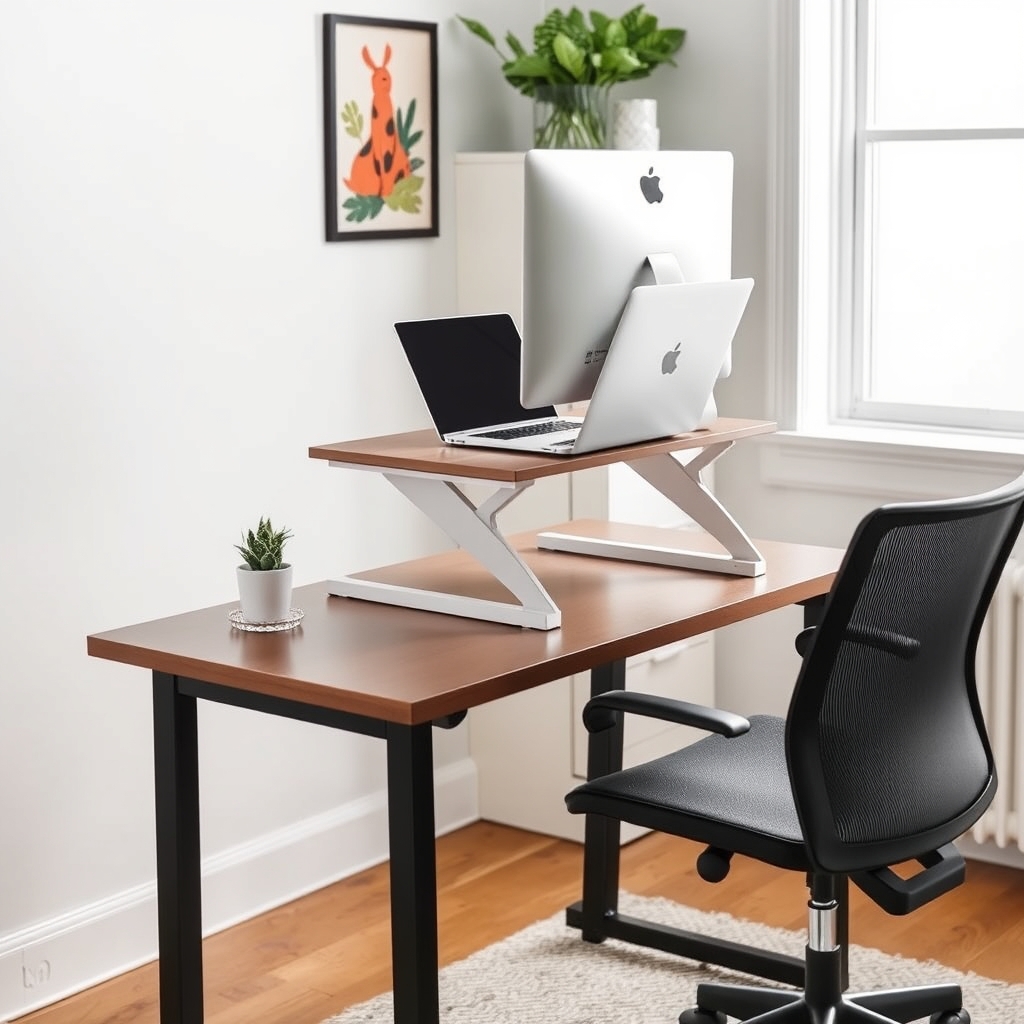 Compact standing desk converter in use on a small desk.
