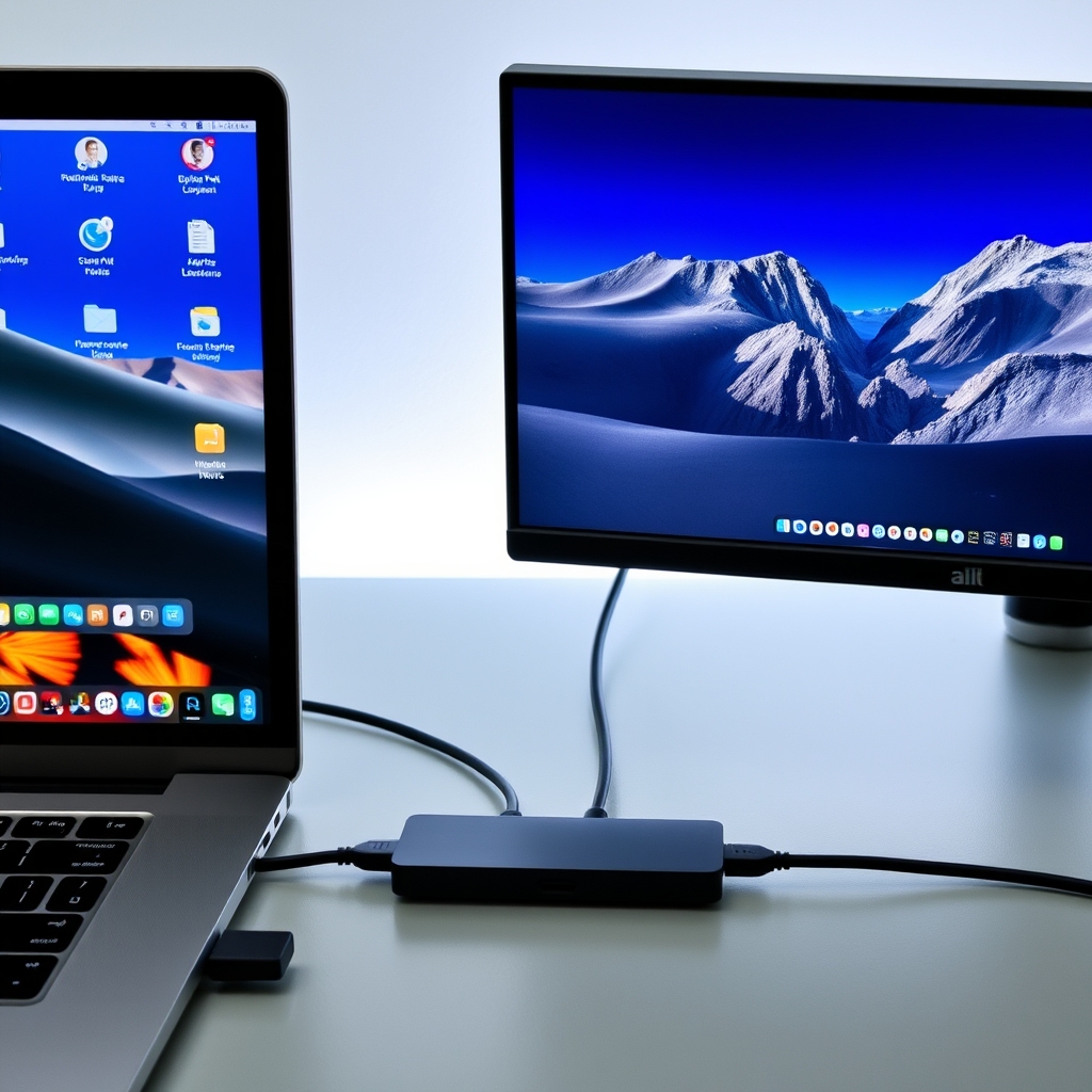 Laptop connected to a USB-C hub with two external monitors