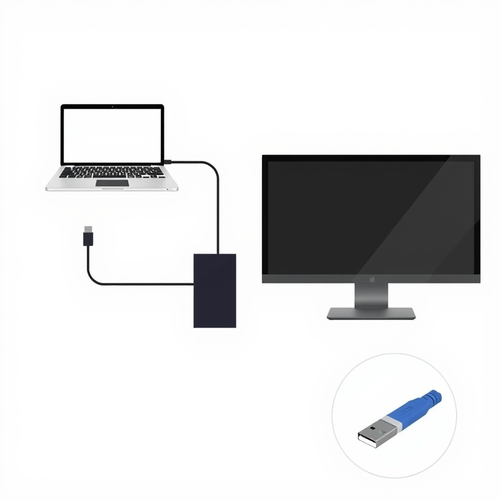 Diagram showing how a USB-C hub connects a laptop to dual monitors