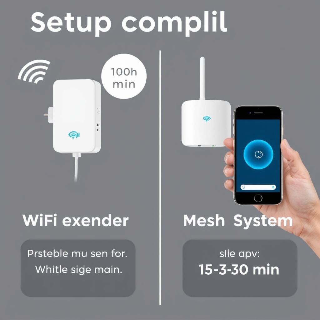 Infographic comparing setup complexity: WiFi extender vs. mesh system.